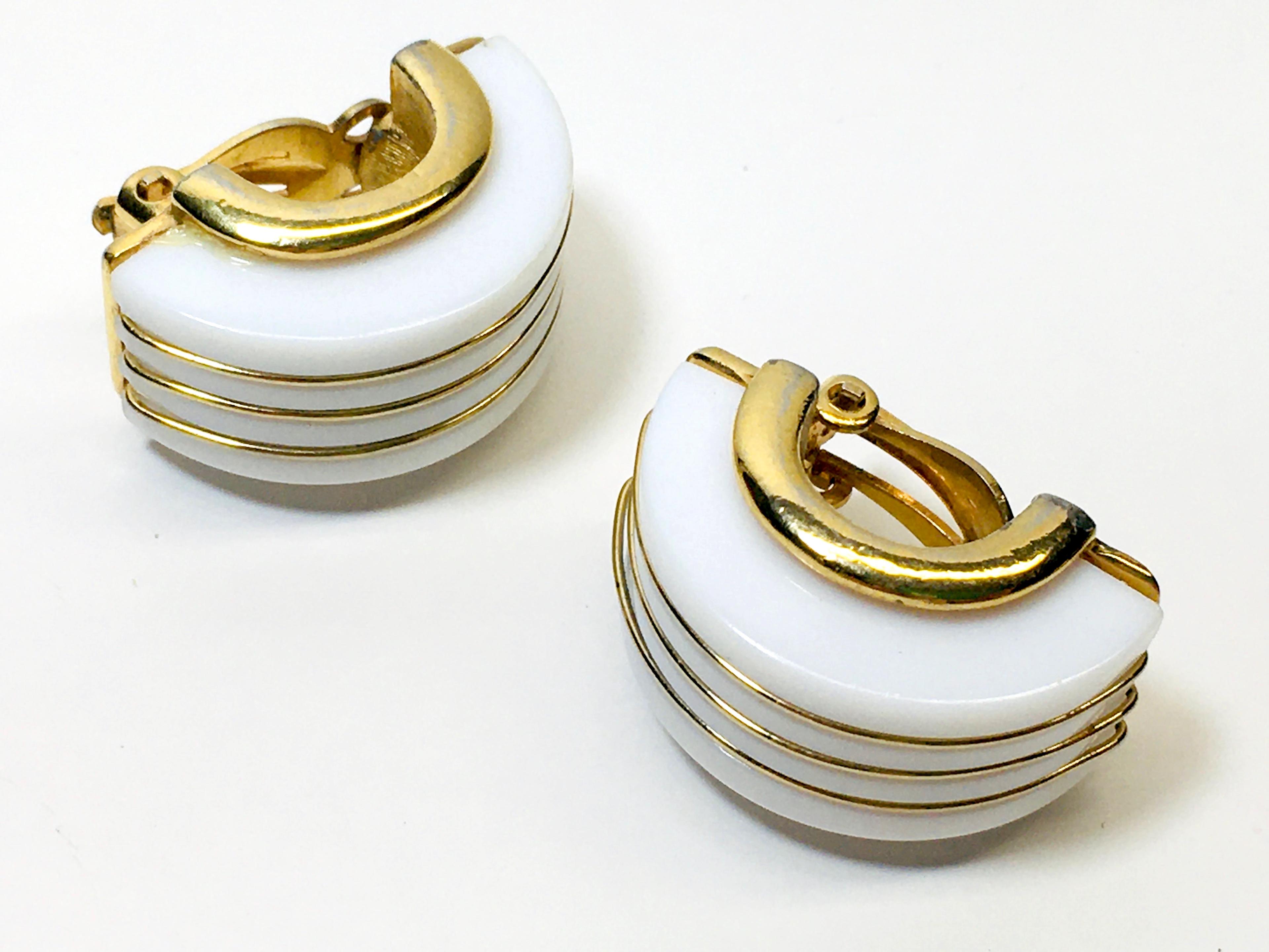 TRIFARI Clip Earrings - Gold Metal & White Banded Art Deco Style
