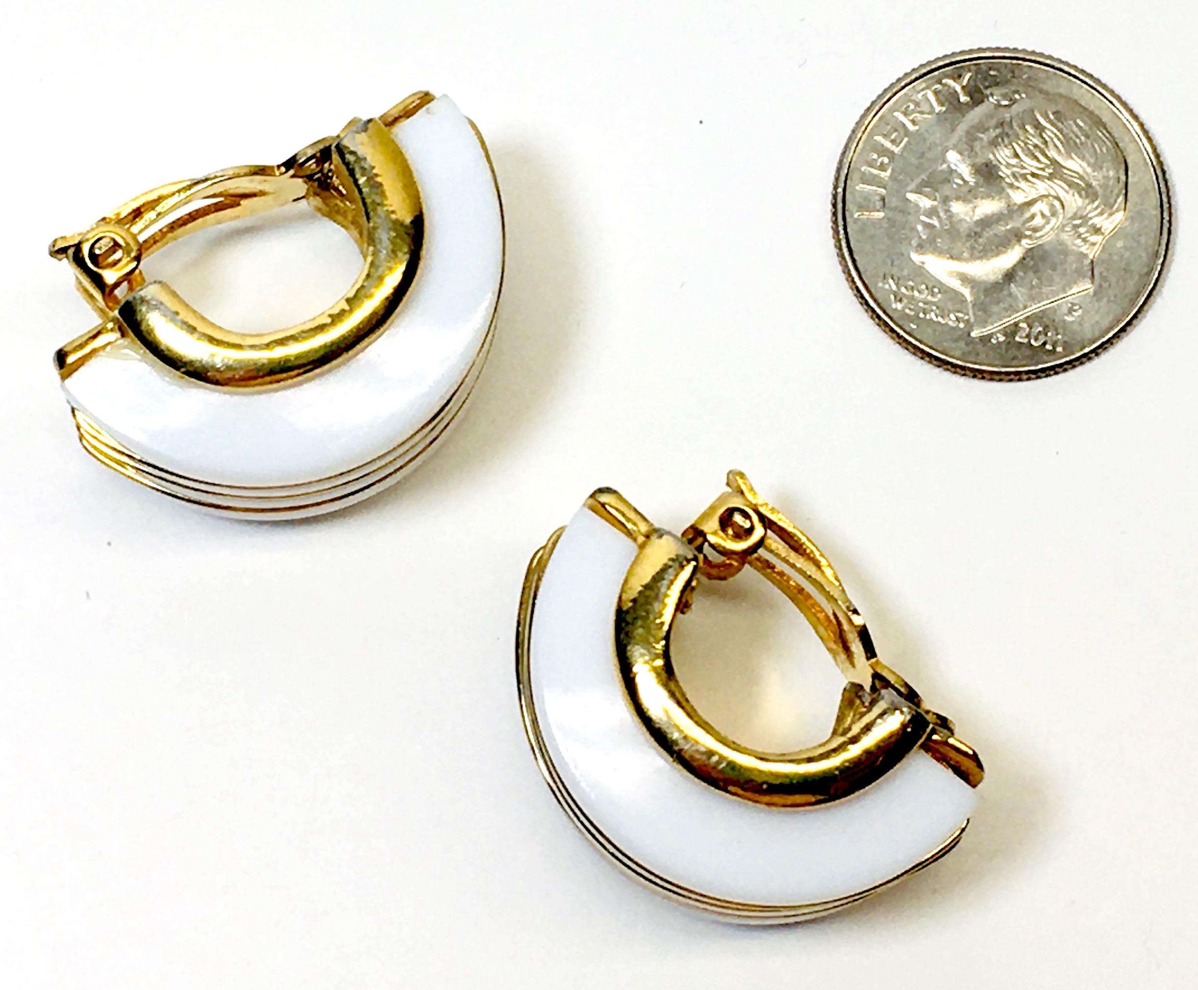 TRIFARI Clip Earrings - Gold Metal & White Banded Art Deco Style