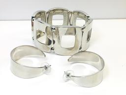 Wide Silver Tone Bracelet and Hoop Earrings