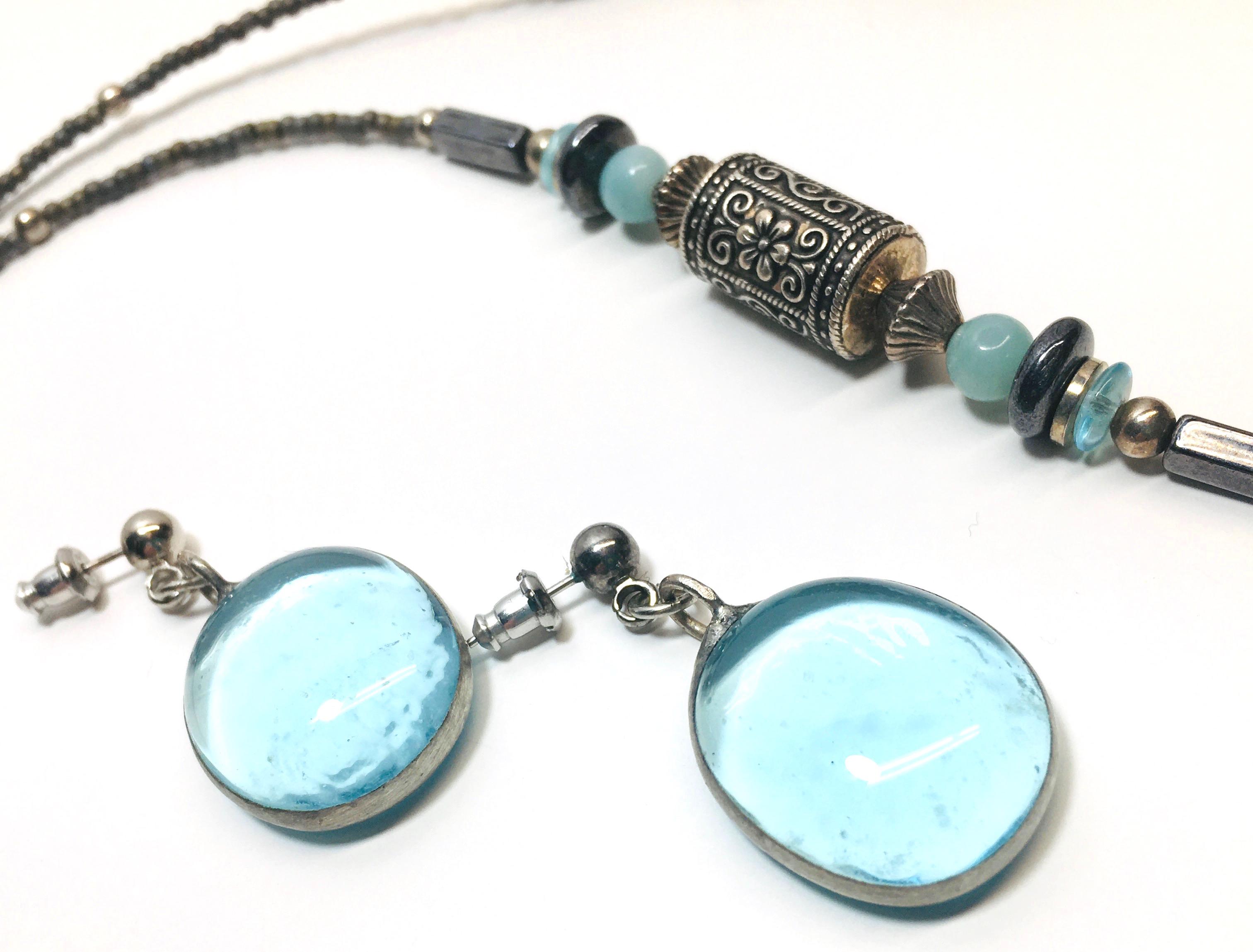 Antiqued Silver Blue Water Droplet Neckless & Earrings