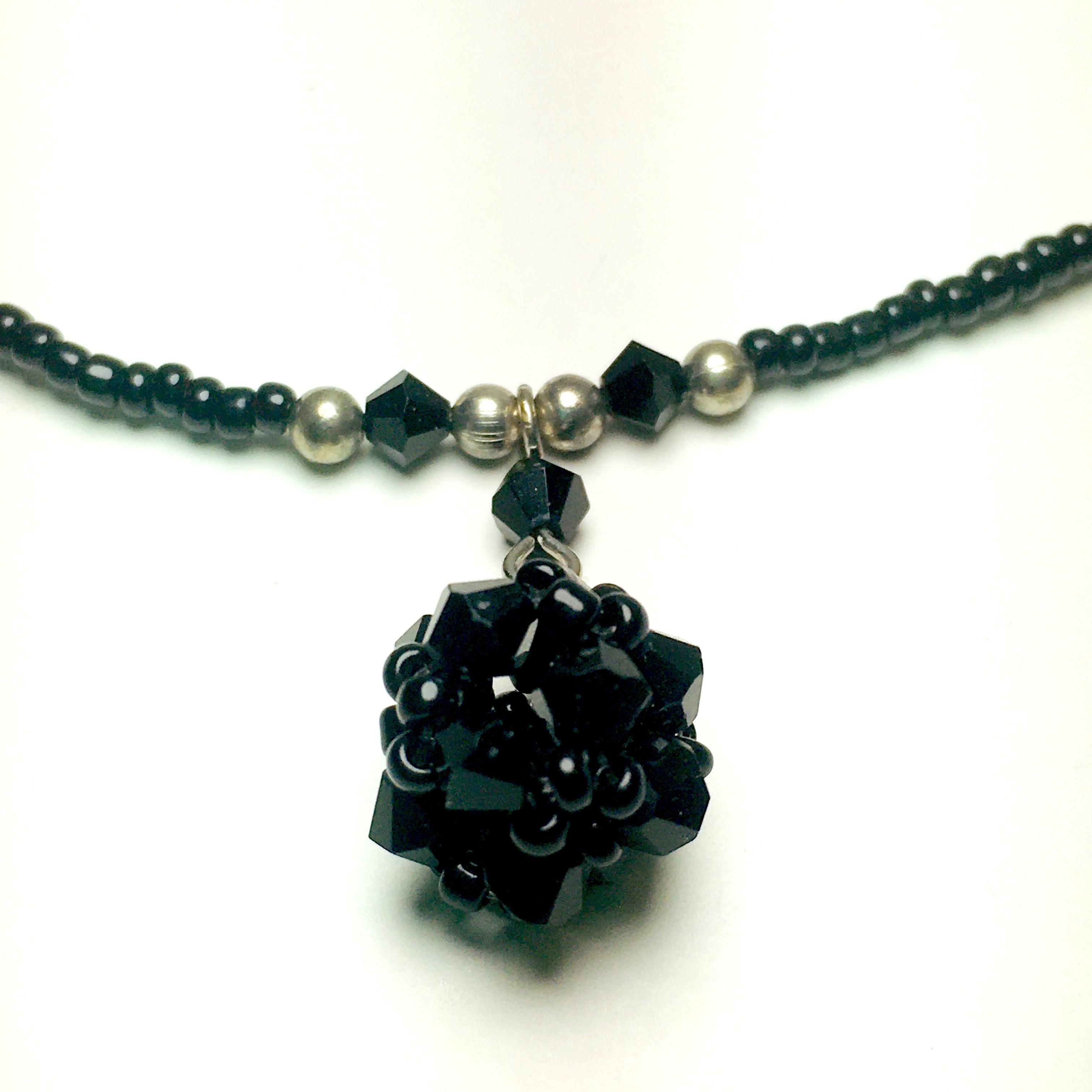 Black Glass Beads & Silver Neckless with Earrings