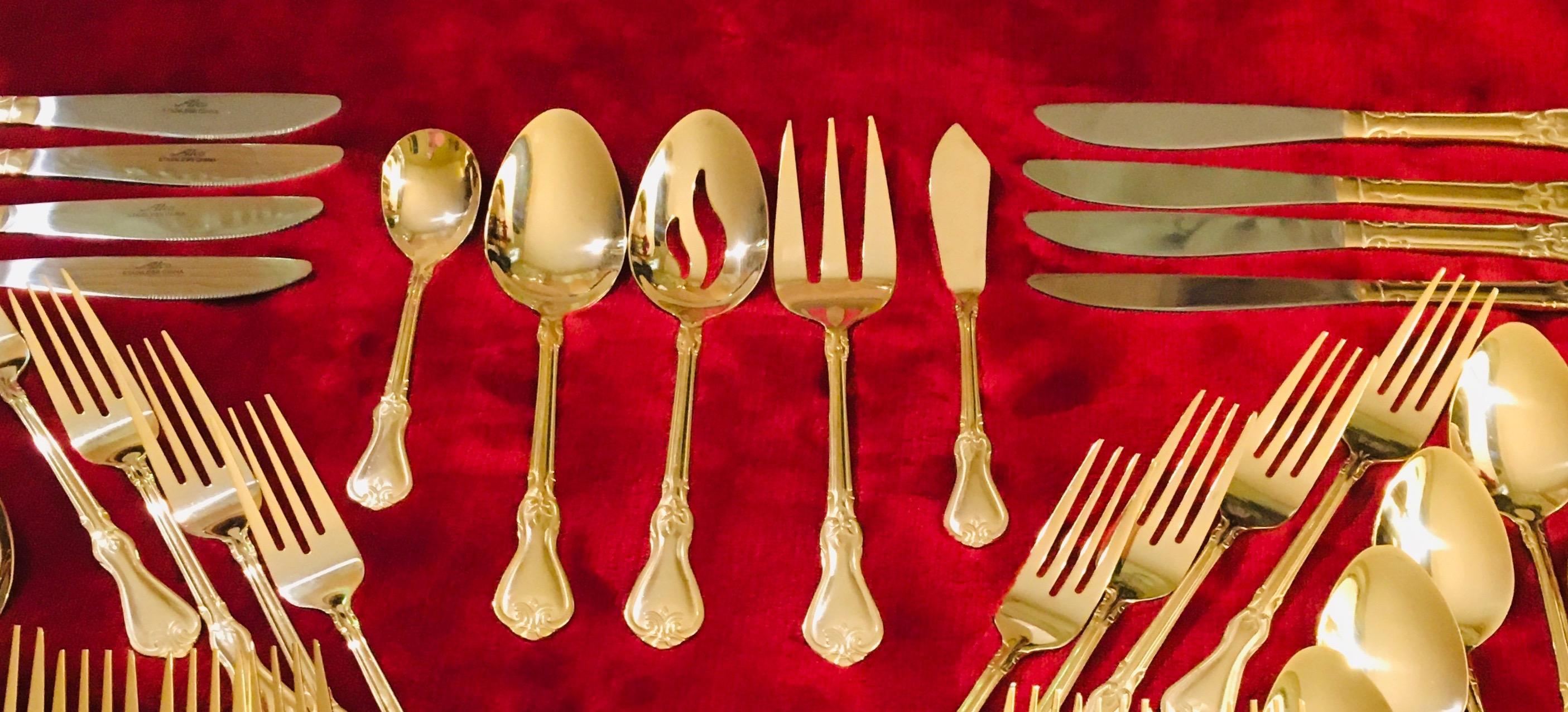 Prescott Forge Alco 46 Piece Flatware Set 18/0 Stainless Gold Plated Wooden Hostess Tray.