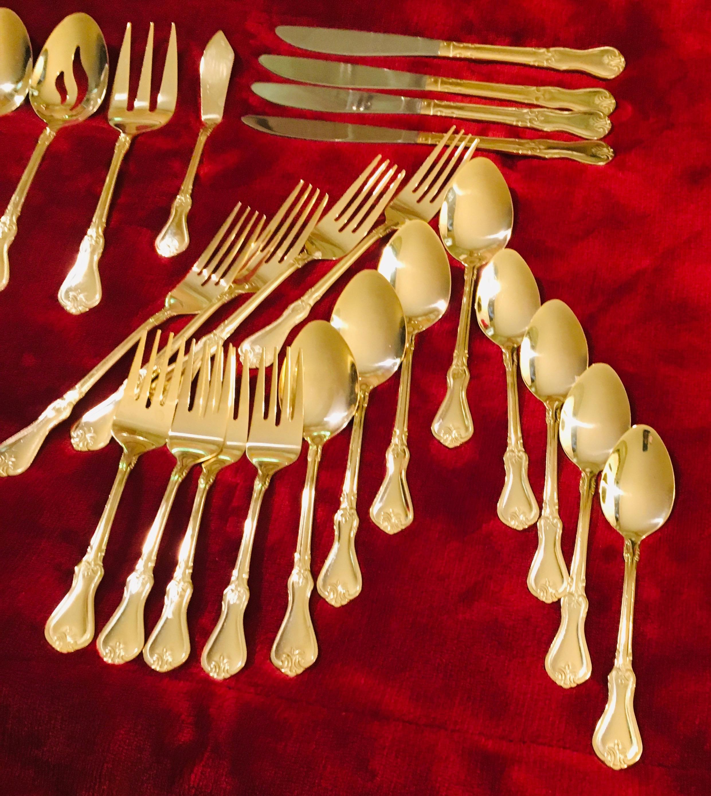 Prescott Forge Alco 46 Piece Flatware Set 18/0 Stainless Gold Plated Wooden Hostess Tray.