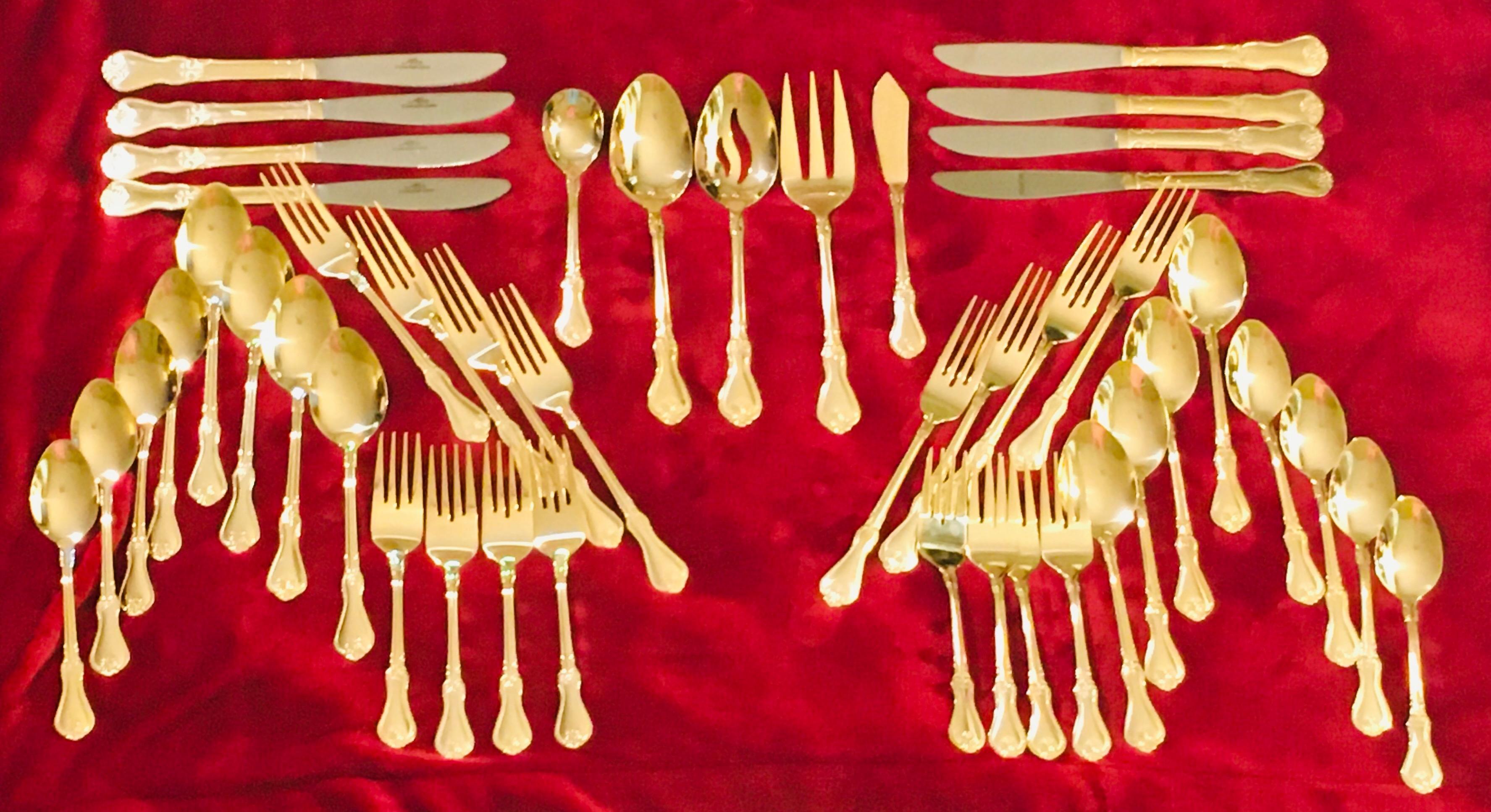 Prescott Forge Alco 46 Piece Flatware Set 18/0 Stainless Gold Plated Wooden Hostess Tray.