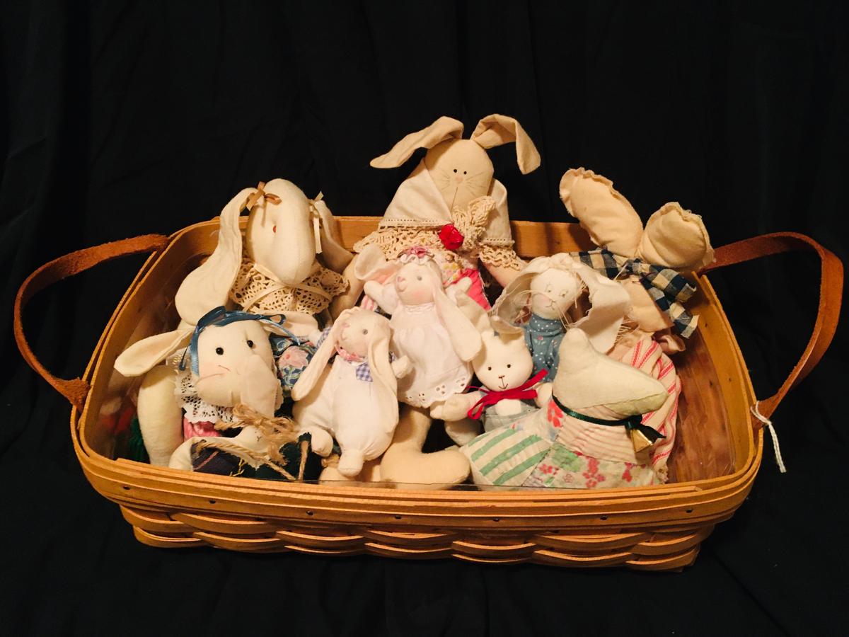 1998 Pantry Basket with Protector filled with Primitive Country Styled Bunnies.