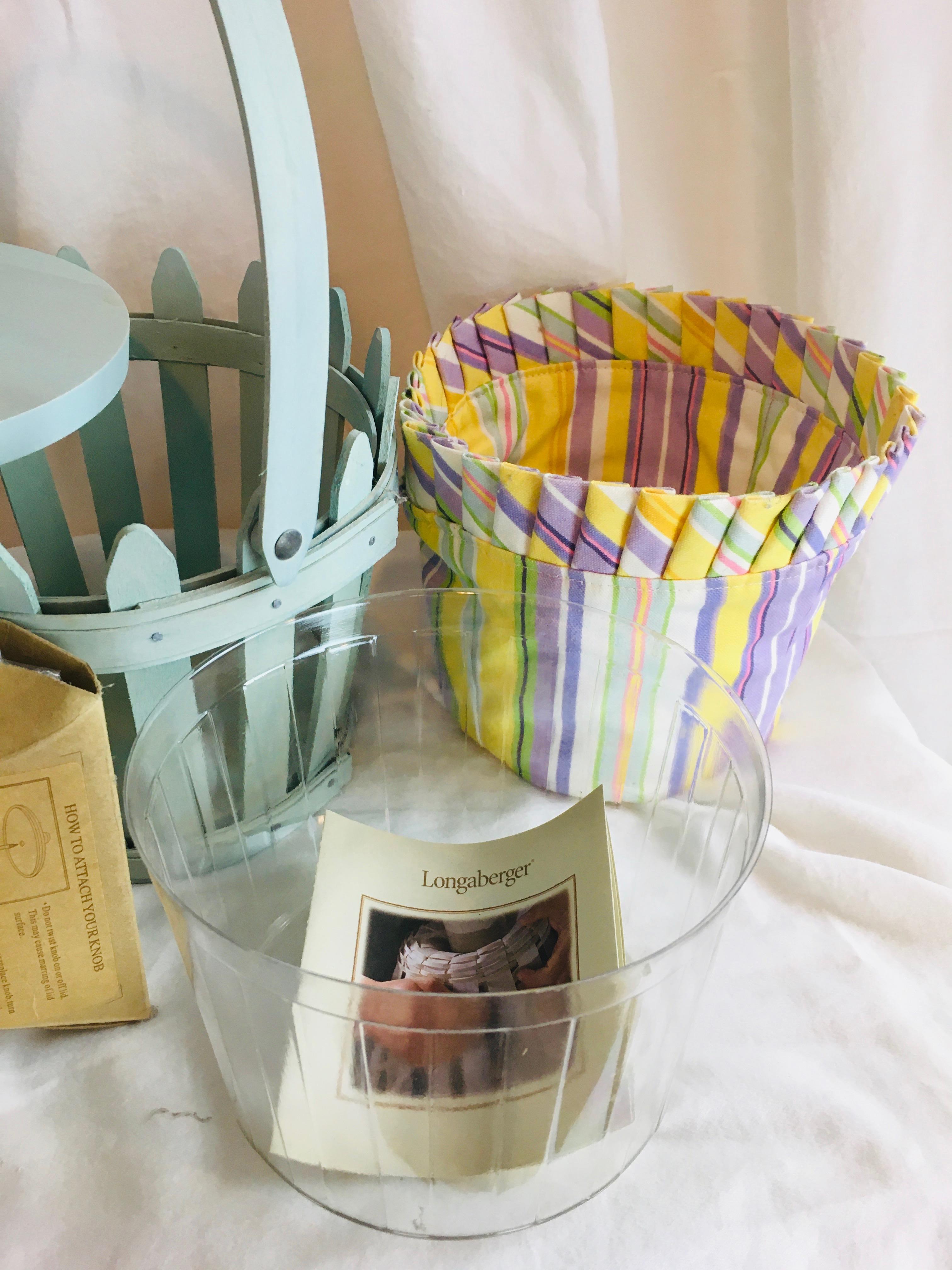 2006 Blue Picket Pail Longaberger Easter Basket with Liner, Protector Bunny Knob Wooden Lid