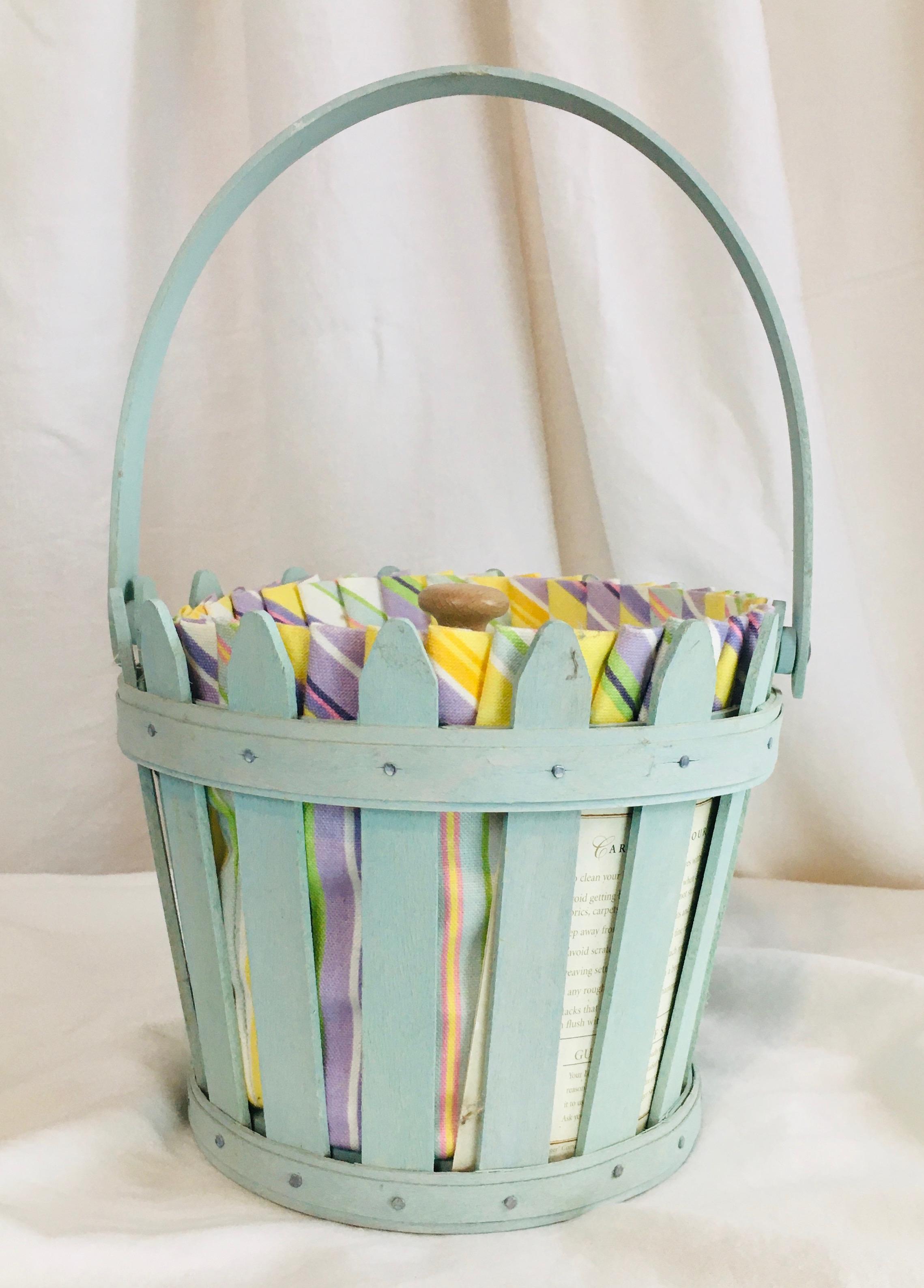 2006 Blue Picket Pail Longaberger Easter Basket with Liner, Protector Bunny Knob Wooden Lid