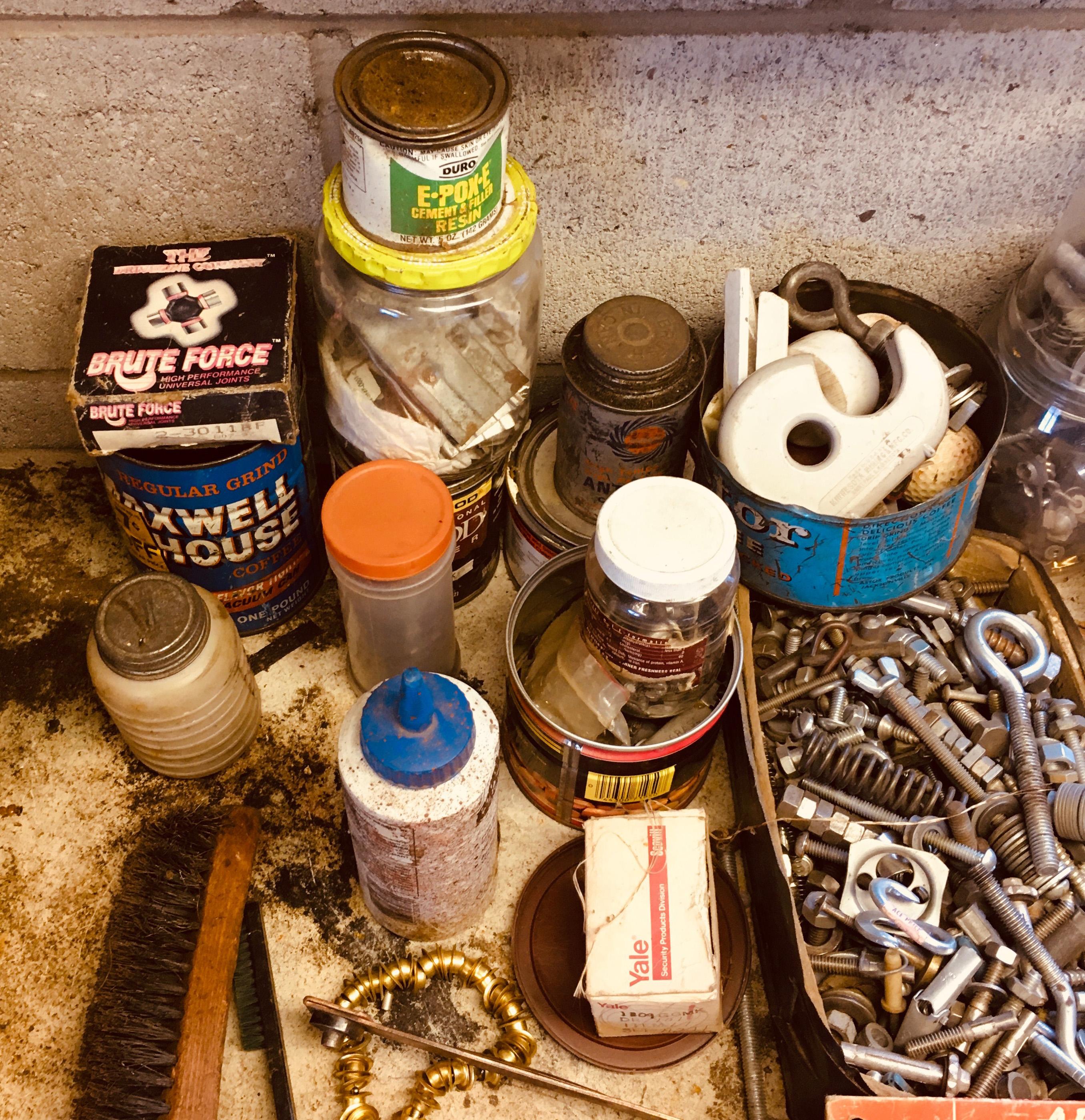 Workbench assortment. Mag Tray, Hilti, Vintage Oil Can, Nuts, Bolts and much more see pictures