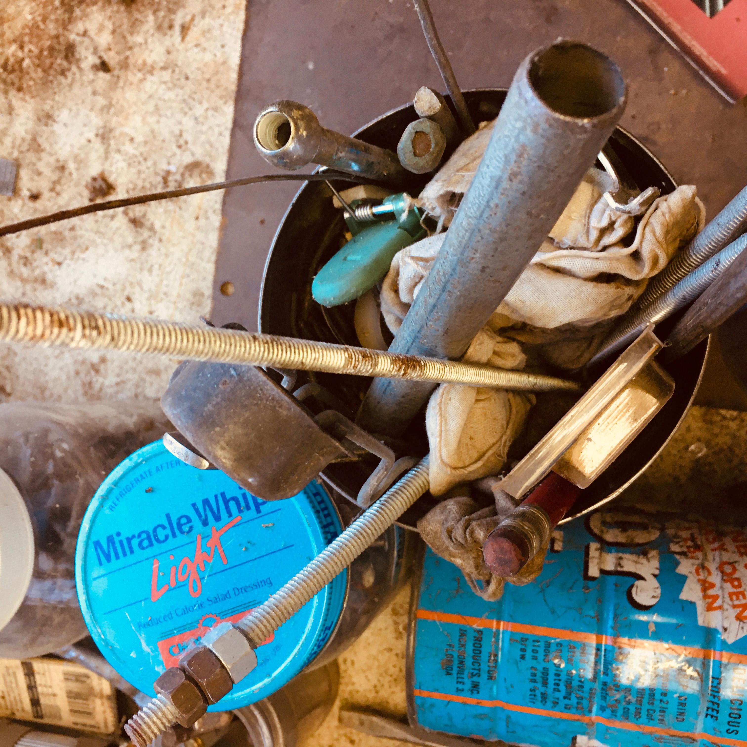 Workbench assortment. Mag Tray, Hilti, Vintage Oil Can, Nuts, Bolts and much more see pictures