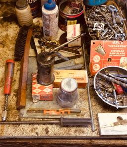 Workbench assortment. Mag Tray, Hilti, Vintage Oil Can, Nuts, Bolts and much more see pictures