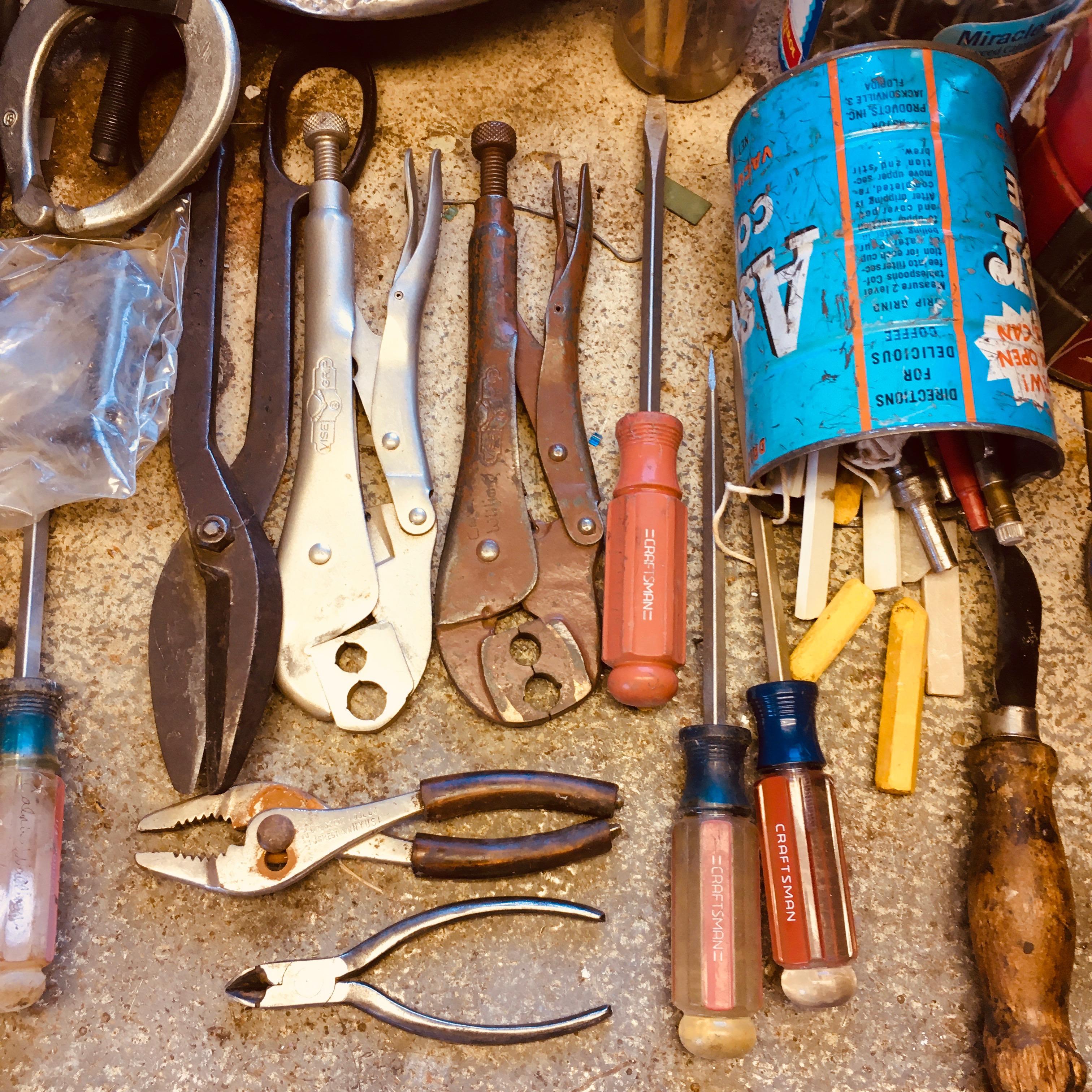 Workbench assortment. Mag Tray, Hilti, Vintage Oil Can, Nuts, Bolts and much more see pictures