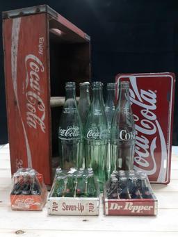 Coke Bottle Lot w/ Vintage Wooden Tray & Minis