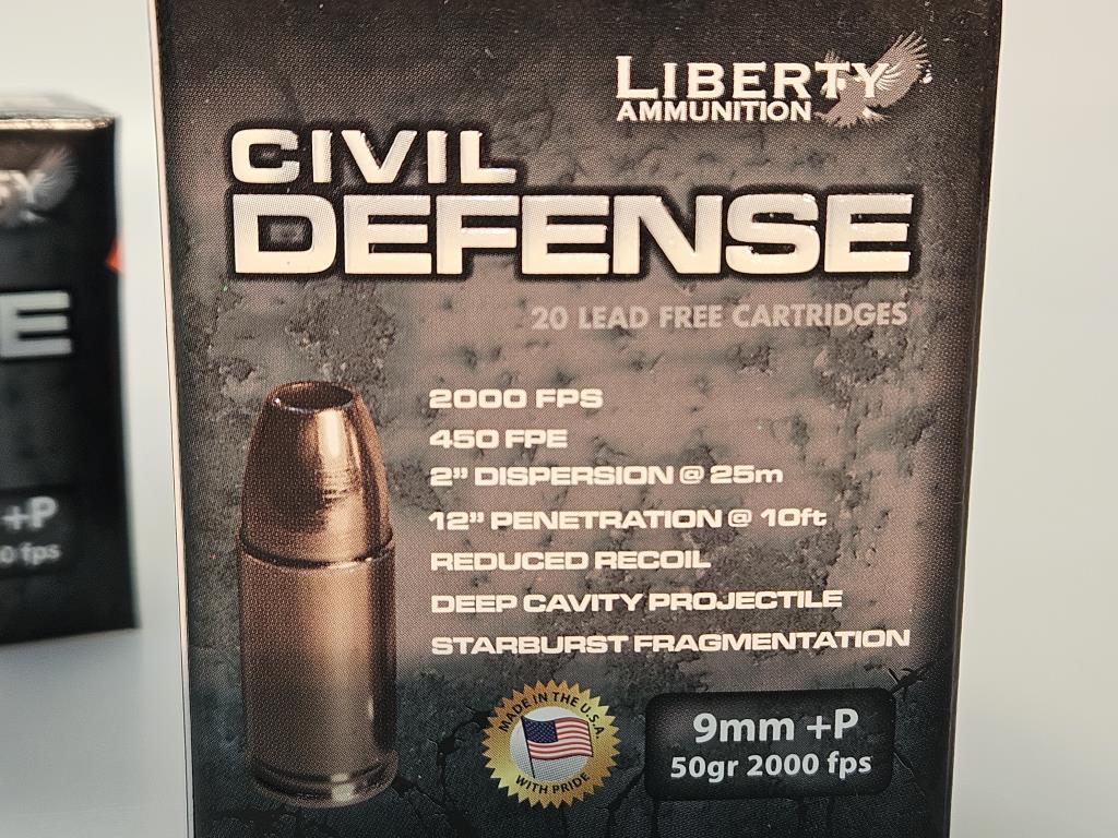 Liberty Civil Defense 20 Cartridge Bxs 9mm+P  Ammo