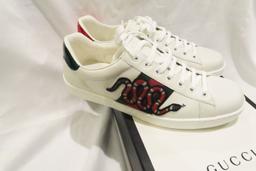 Gucci Ace Embroidered Sneakers, white leather with green and red web, embroidered Kingsnake applique