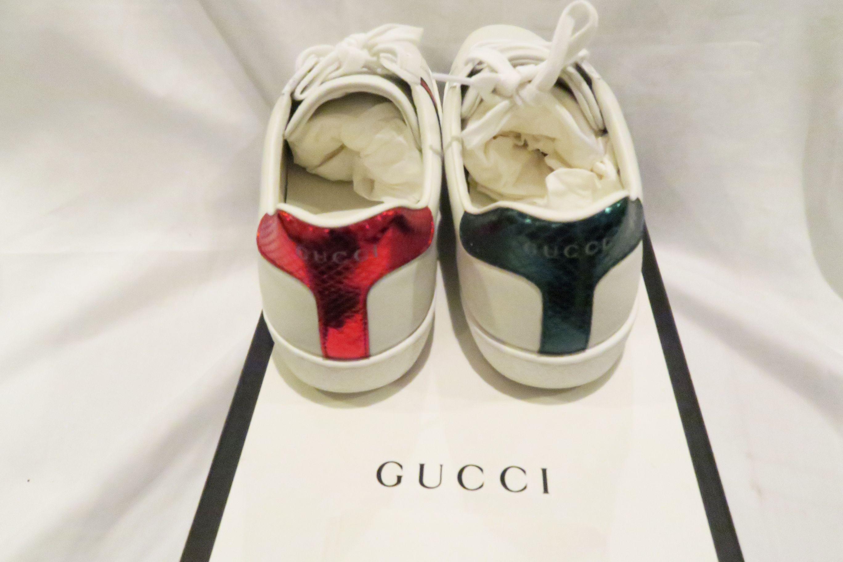 Gucci Ace Embroidered Sneakers, white leather with green and red web, embroidered Kingsnake applique