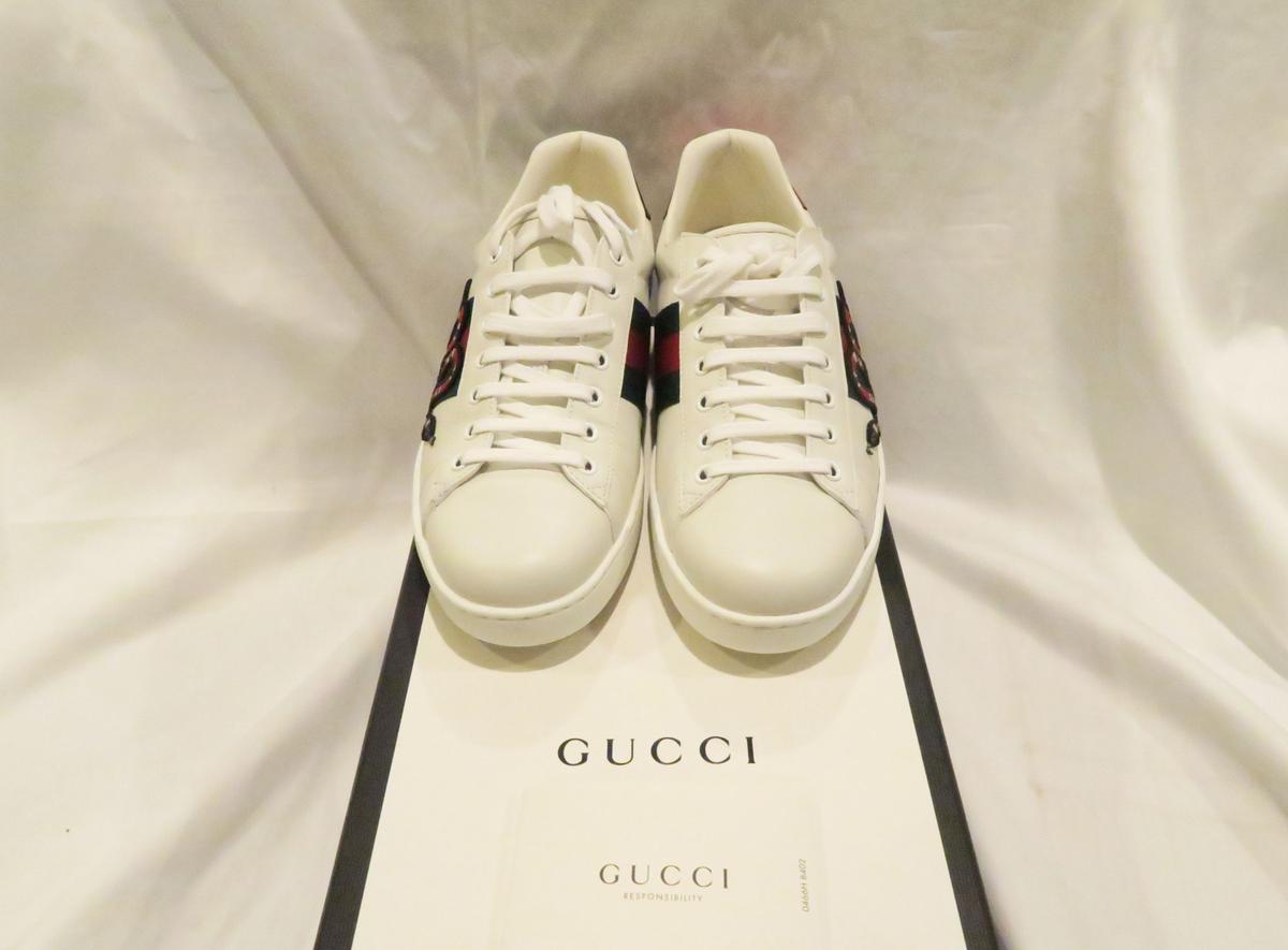 Gucci Ace Embroidered Sneakers, white leather with green and red web, embroidered Kingsnake applique