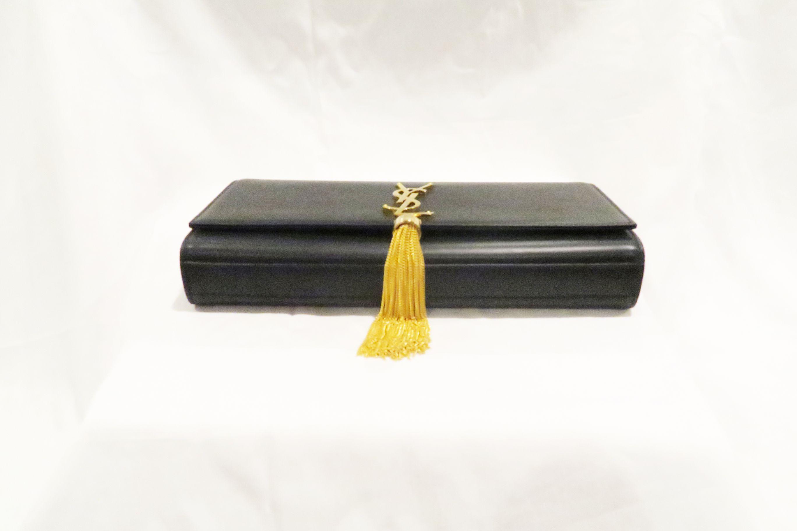 Yves St. Laurent Monogram Kate Cassandre Tassel Black Gold Calfskin Leather Clutch