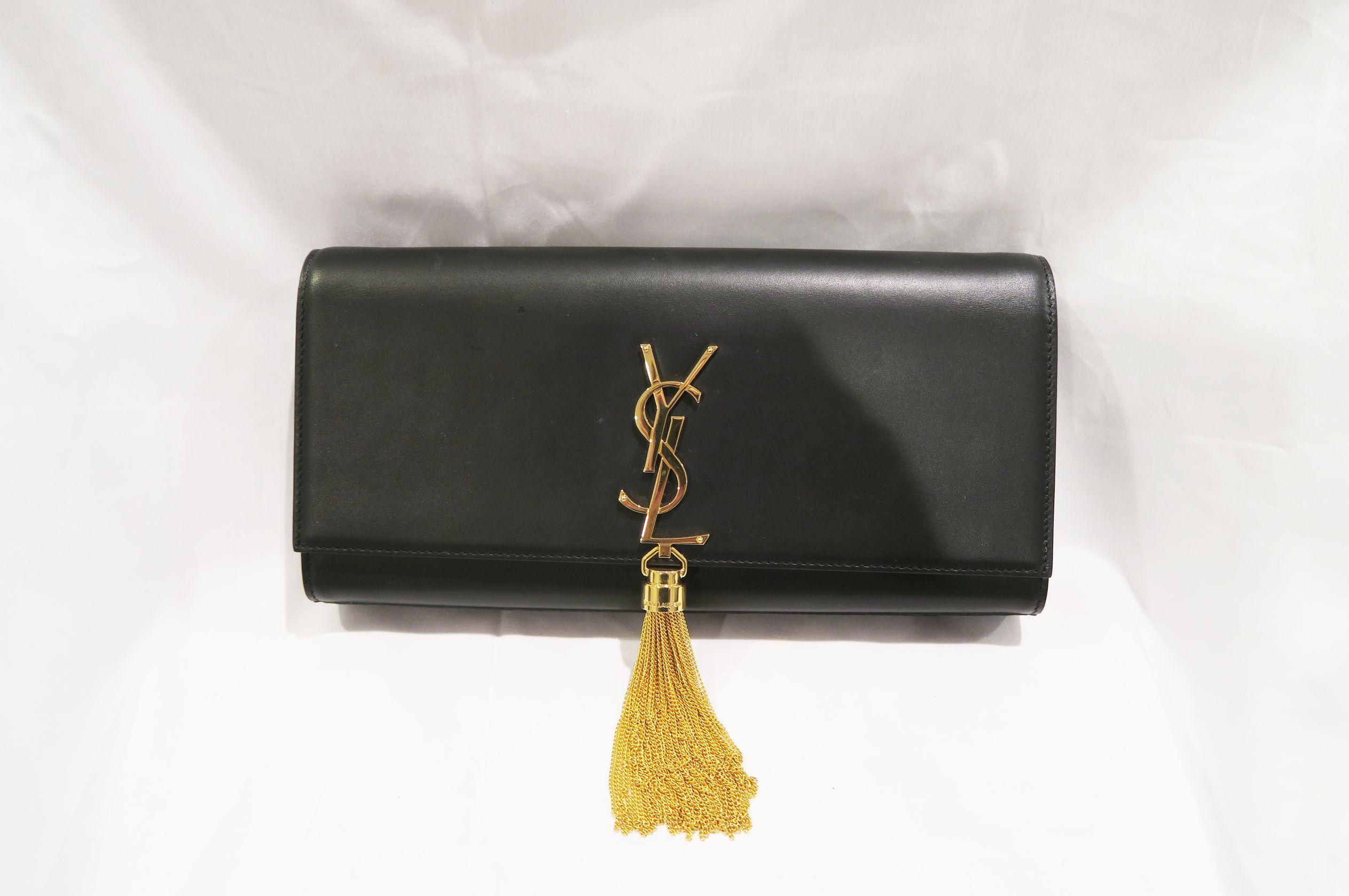 Yves St. Laurent Monogram Kate Cassandre Tassel Black Gold Calfskin Leather Clutch