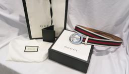 Gucci Belt, interlocking GG silver-tone buckler, white leather, green/red canvas, worn, with Gucci b