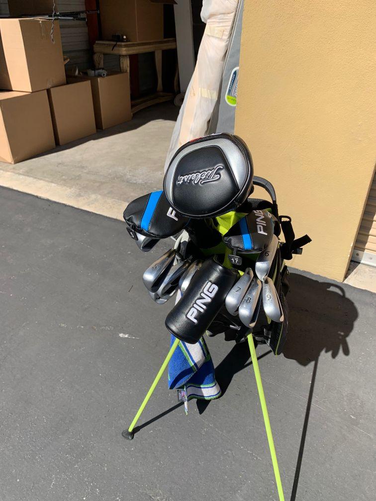 Golf Clubs: Maxfli Gray and Green Golf Bag with Titleist 915d Driver, Ping 5 Wood, Ping Hybrid 2, Pi