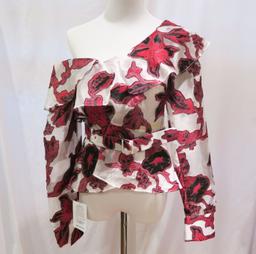 Self-Portrait White w/Black/Red Floral Print One-Shoulder Top, size 0, new with tags