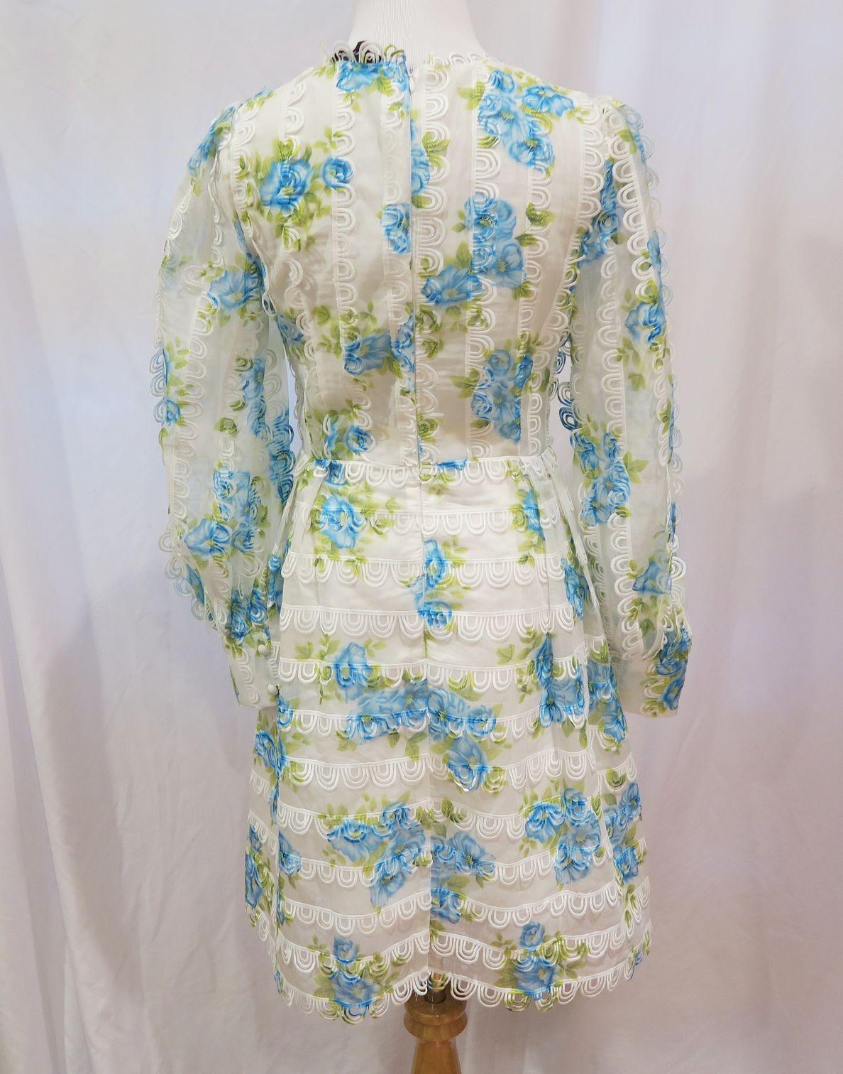 Daffina White w/Blue/Green Flower Embellishment Long-Sleeved Mini Dress, size 00, worn