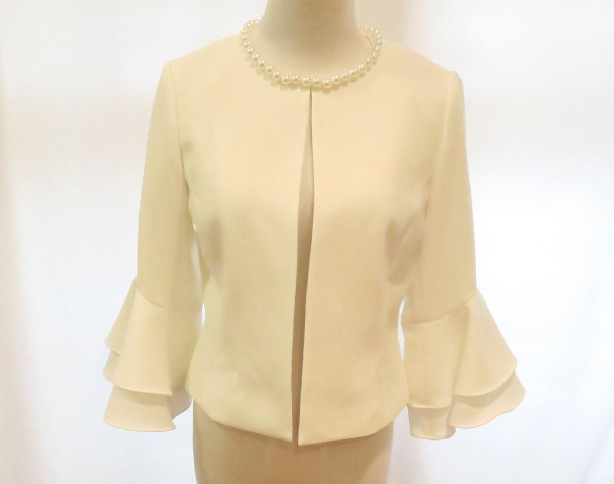 Tahari Cream Ruffle Sleeve Jacket w/Pearl Embellished Neck, size 2, worn