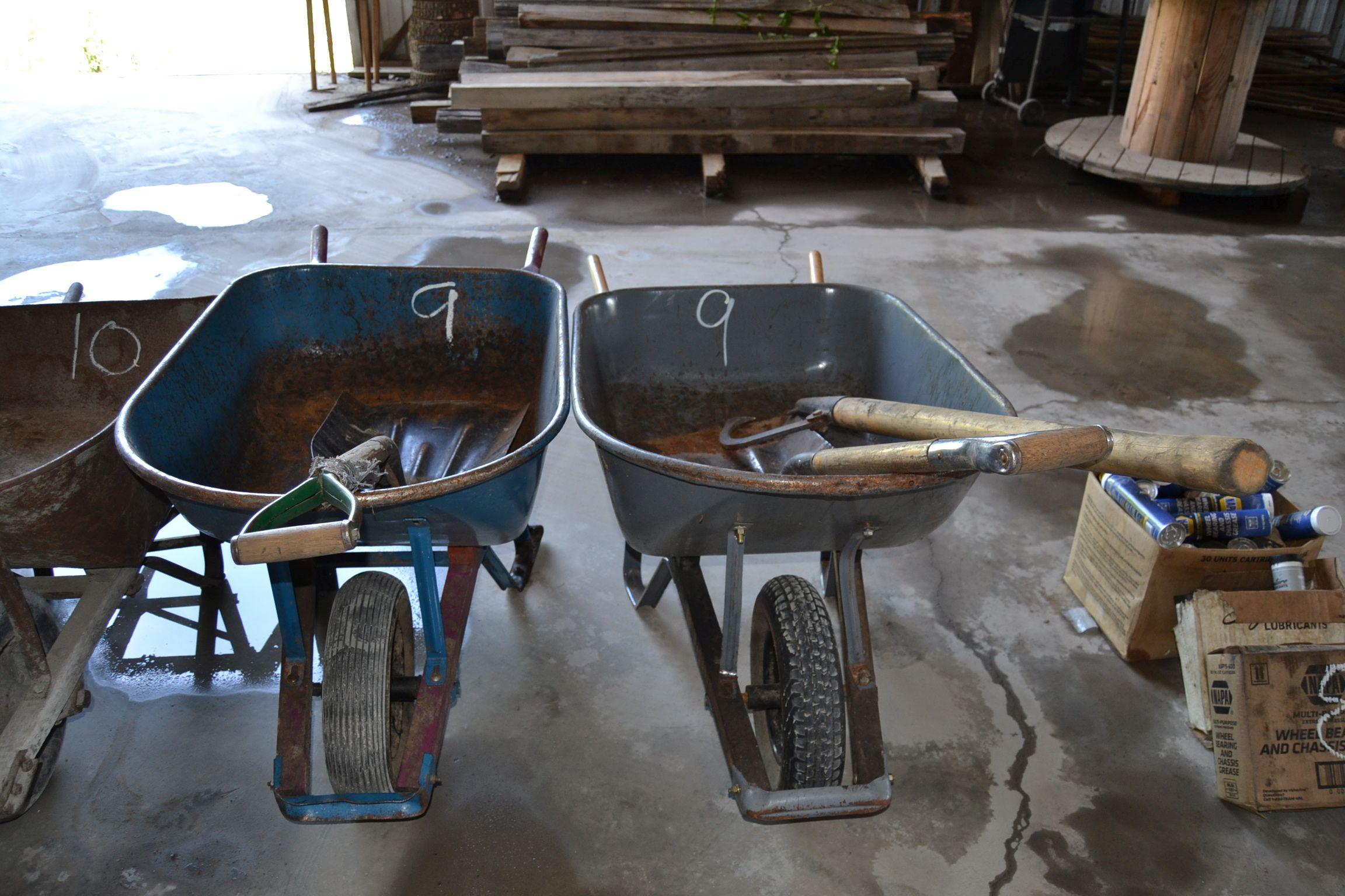 2 WHEEL BARRELS & CLEAN UP TOOLS