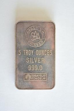 5 Ounce Silver Bar & Two 1 Ounce Silver Coins