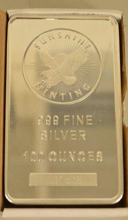 Sunshine Minting 100 Ounce .999 Silver Bar