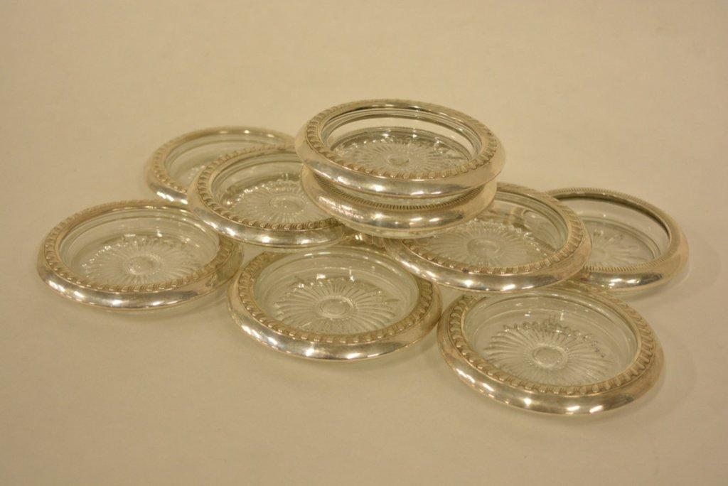 Set Of 10 Sterling & Glass Coasters By Raimond