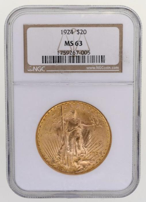 1924 $20 Saint Gaudens Gold Coin NGC MS 63