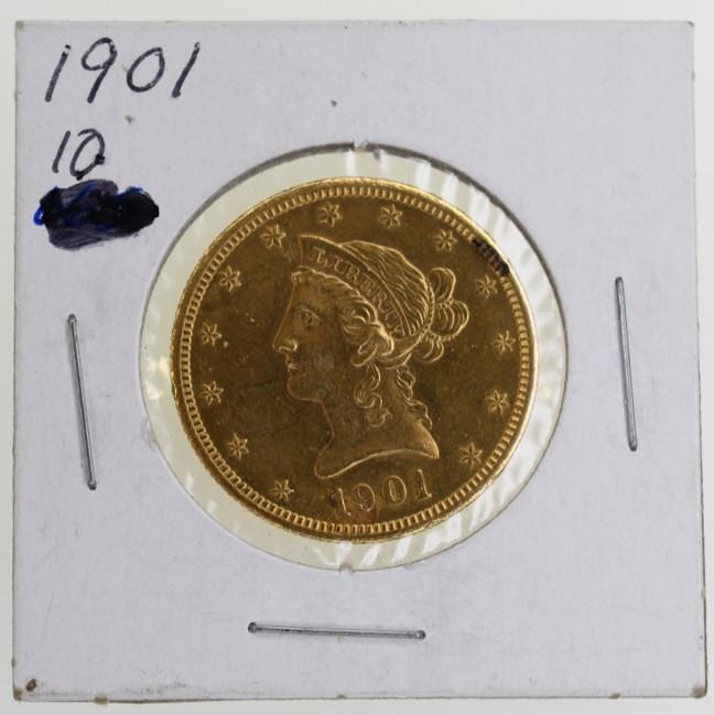 1901-S US $10 Gold Liberty Head Coin AU/BU