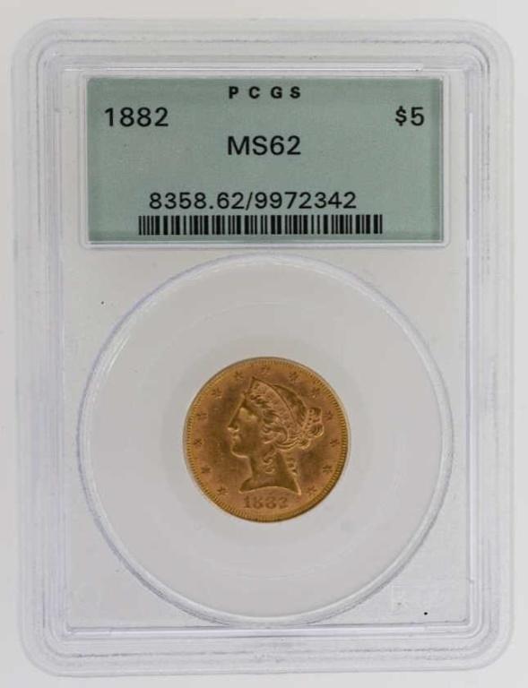 1882 U.S. $5 Gold Liberty Head Coin PCGS MS 62