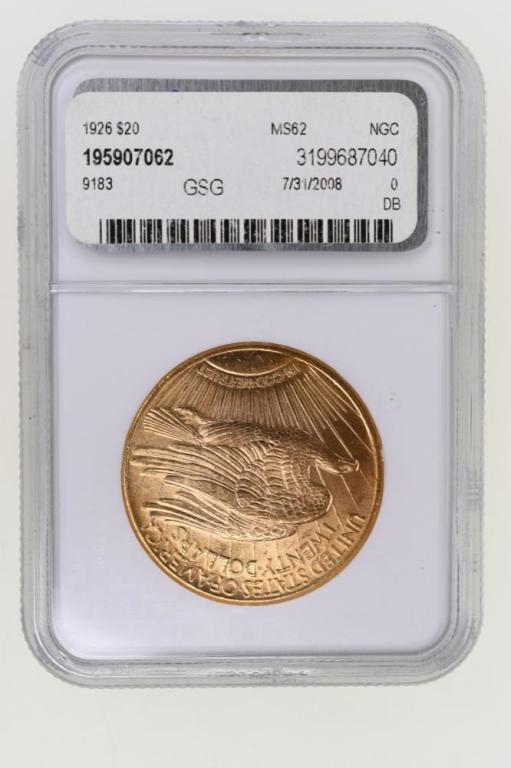 1926 $20 Saint Gaudens Gold Coin NGC MS 62