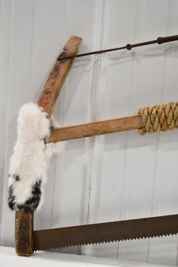 Vintage Bow Saw Wrapped In Rope & Fur