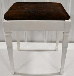 Wood Stool With Cowhide Seat & Storage Compartment