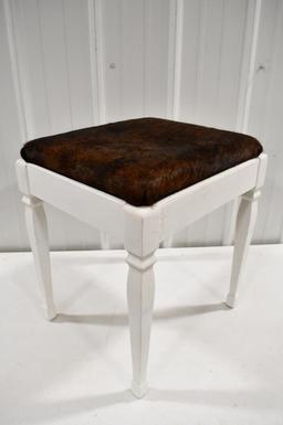 Wood Stool With Cowhide Seat & Storage Compartment