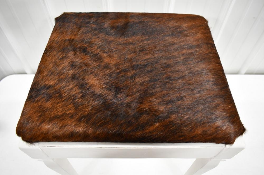 Wood Stool With Cowhide Seat & Storage Compartment