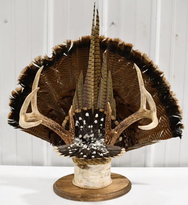 9-Point Deer Rack w/ Turkey Fan w White Birch Base