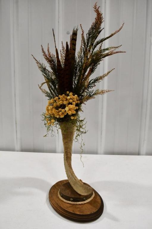 Ram Horn Flower Arrangement w/ Wooden Plaque Base