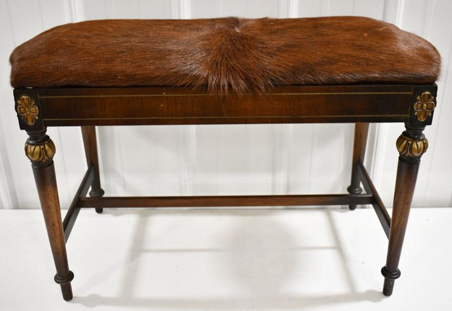 Wood Sitting Bench w/ Brown Cowhide Seat