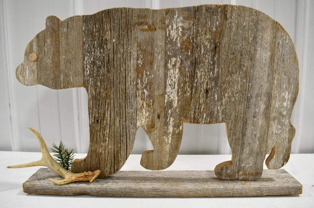 Hand Carved Wooden Bear Shelf With Antler