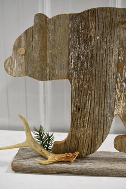 Hand Carved Wooden Bear Shelf With Antler