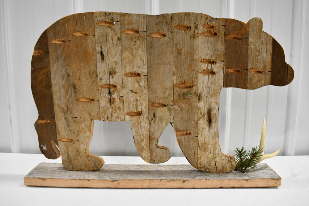 Hand Carved Wooden Bear Shelf With Antler