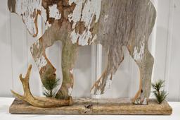 Hand Carved Wooden Moose Shelf With Antler
