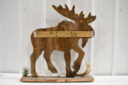 Hand Carved Wooden Moose Shelf With Antler