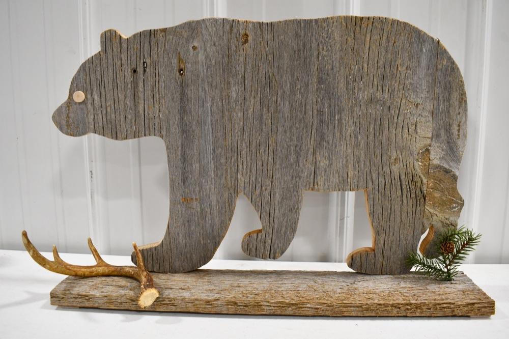 Hand Carved Wooden Bear Shelf With Antler