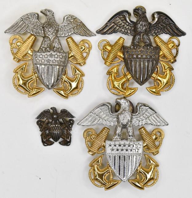 (3) WWII US Navy Sterling Cap Badges & Pin