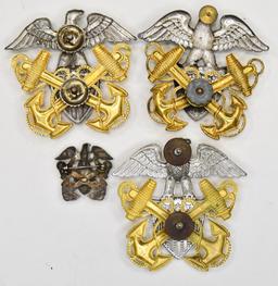 (3) WWII US Navy Sterling Cap Badges & Pin